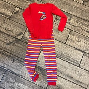 Leveret train pajamas with striped bottoms.